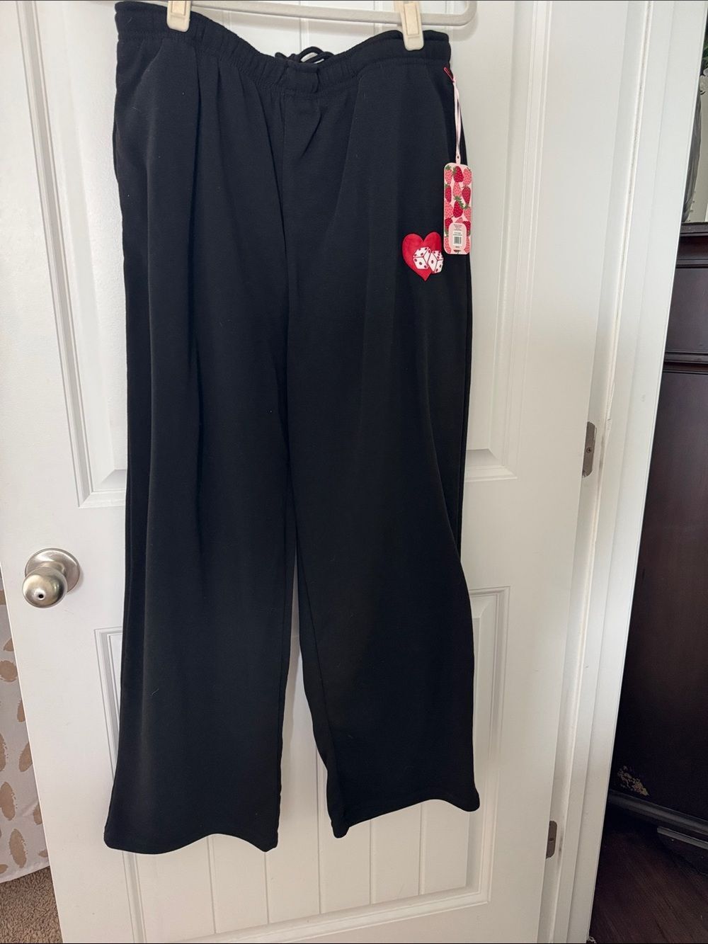 Black Wide-Leg Pants with Red Heart Accent
